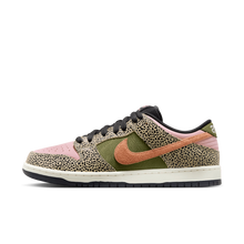Nike SB Dunk Low Arts-Rec sneaker with pink, olive green, and cheetah print details, orange Swoosh, and black laces